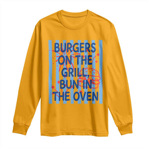 Patriotic 4th of July Pregnancy Announcement Preppy Style Long Sleeve Shirt Burgers On The Grill Bun In The Oven Summer BBQ