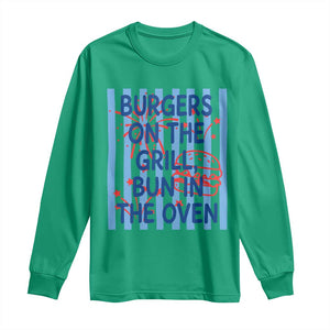 Patriotic 4th of July Pregnancy Announcement Preppy Style Long Sleeve Shirt Burgers On The Grill Bun In The Oven Summer BBQ