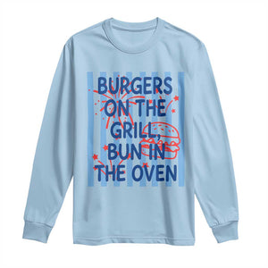 Patriotic 4th of July Pregnancy Announcement Preppy Style Long Sleeve Shirt Burgers On The Grill Bun In The Oven Summer BBQ