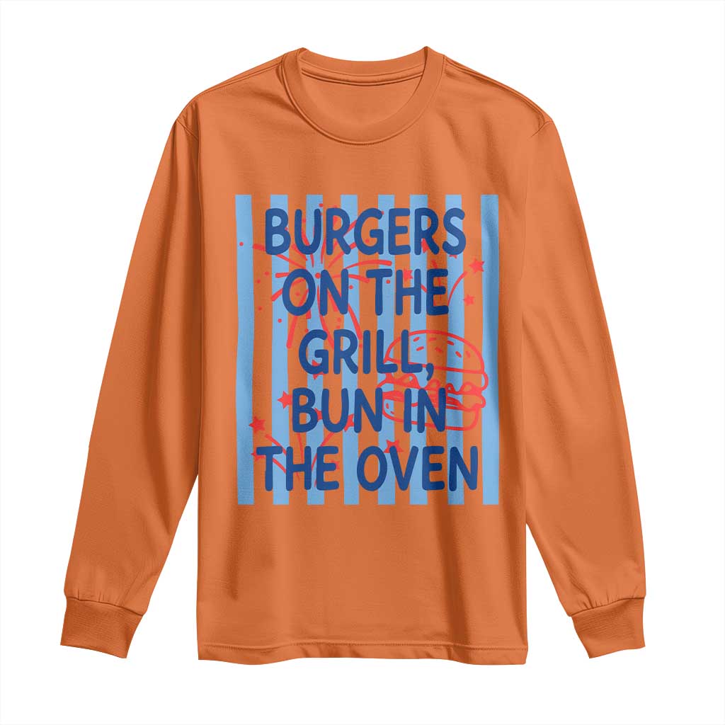 Patriotic 4th of July Pregnancy Announcement Preppy Style Long Sleeve Shirt Burgers On The Grill Bun In The Oven Summer BBQ