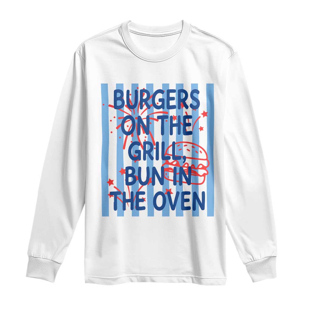 Patriotic 4th of July Pregnancy Announcement Preppy Style Long Sleeve Shirt Burgers On The Grill Bun In The Oven Summer BBQ
