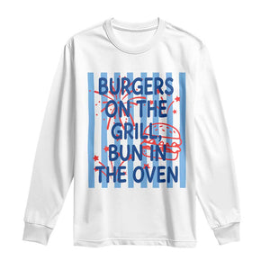 Patriotic 4th of July Pregnancy Announcement Preppy Style Long Sleeve Shirt Burgers On The Grill Bun In The Oven Summer BBQ