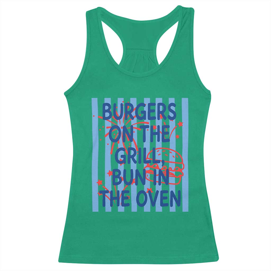 Patriotic 4th of July Pregnancy Announcement Preppy Style Racerback Tank Top Burgers On The Grill Bun In The Oven Summer BBQ