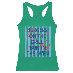 Patriotic 4th of July Pregnancy Announcement Preppy Style Racerback Tank Top Burgers On The Grill Bun In The Oven Summer BBQ