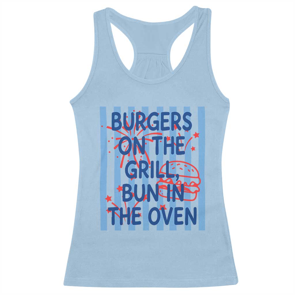 Patriotic 4th of July Pregnancy Announcement Preppy Style Racerback Tank Top Burgers On The Grill Bun In The Oven Summer BBQ