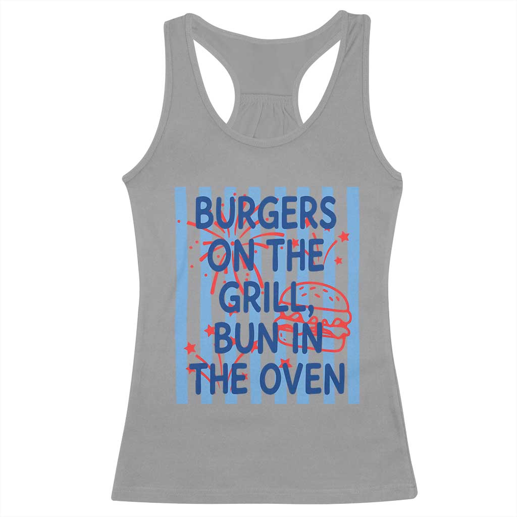 Patriotic 4th of July Pregnancy Announcement Preppy Style Racerback Tank Top Burgers On The Grill Bun In The Oven Summer BBQ