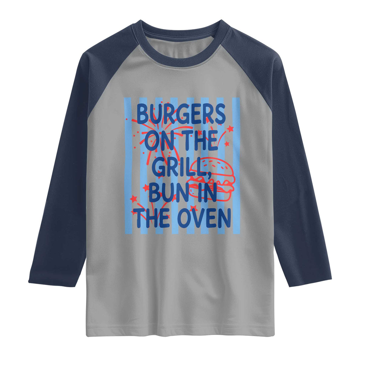 Patriotic 4th of July Pregnancy Announcement Preppy Style Raglan Shirt Burgers On The Grill Bun In The Oven Summer BBQ