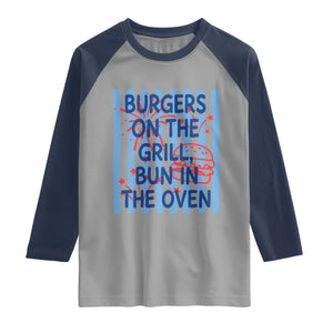 Patriotic 4th of July Pregnancy Announcement Preppy Style Raglan Shirt Burgers On The Grill Bun In The Oven Summer BBQ