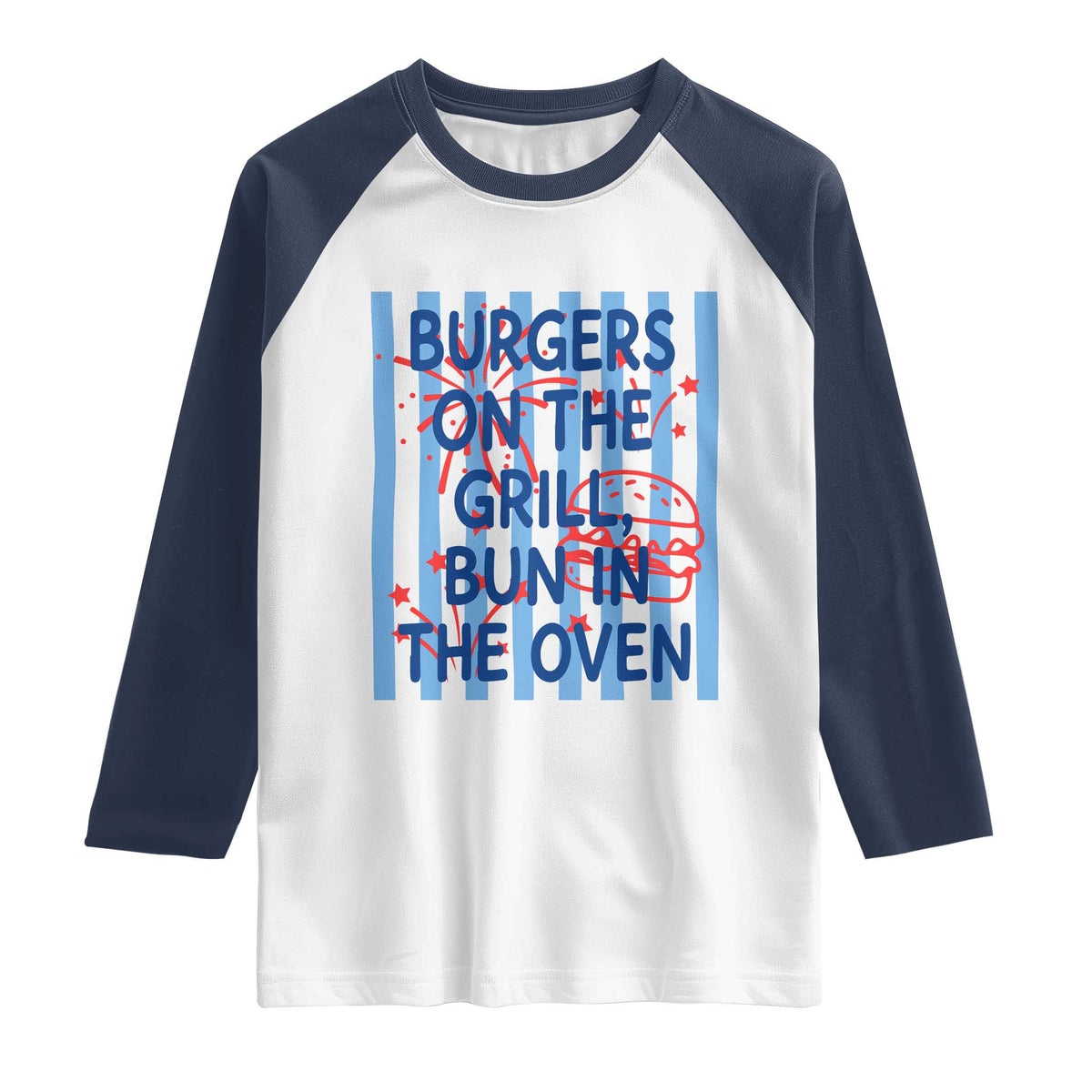 Patriotic 4th of July Pregnancy Announcement Preppy Style Raglan Shirt Burgers On The Grill Bun In The Oven Summer BBQ