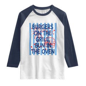 Patriotic 4th of July Pregnancy Announcement Preppy Style Raglan Shirt Burgers On The Grill Bun In The Oven Summer BBQ