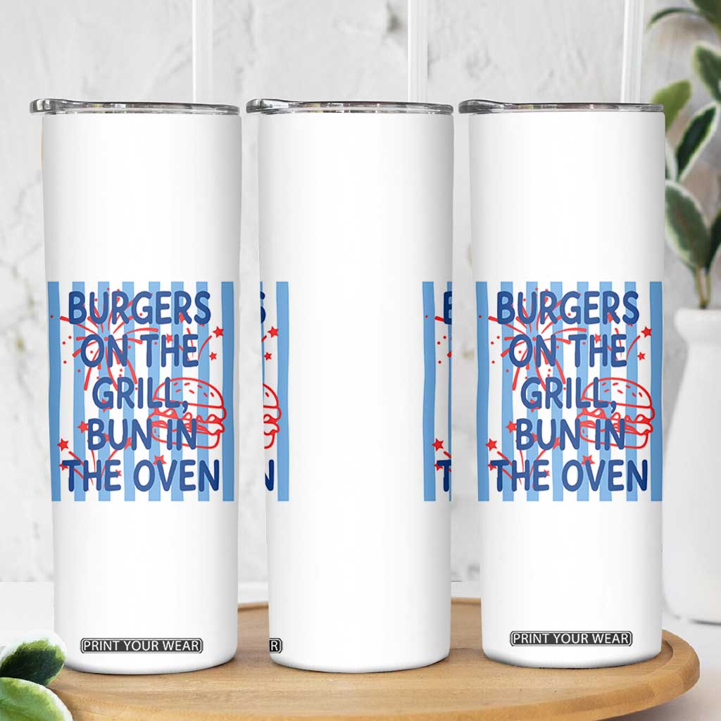 Patriotic 4th of July Pregnancy Announcement Preppy Style Skinny Tumbler Burgers On The Grill Bun In The Oven Summer BBQ