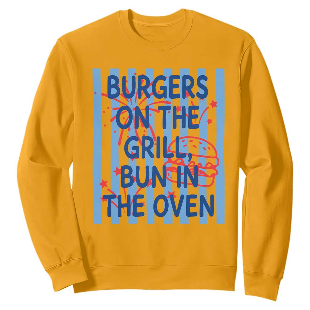 Patriotic 4th of July Pregnancy Announcement Preppy Style Sweatshirt Burgers On The Grill Bun In The Oven Summer BBQ