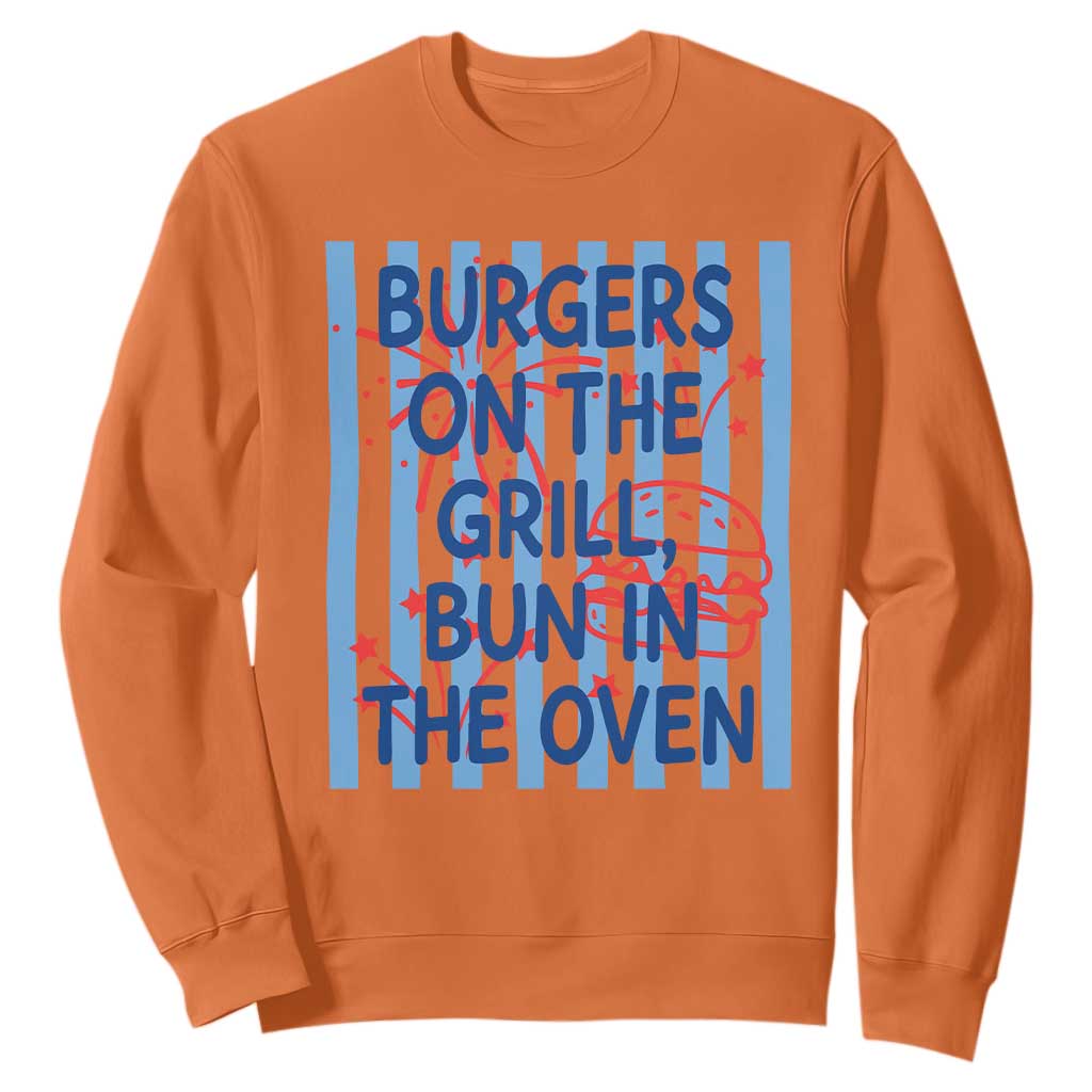 Patriotic 4th of July Pregnancy Announcement Preppy Style Sweatshirt Burgers On The Grill Bun In The Oven Summer BBQ