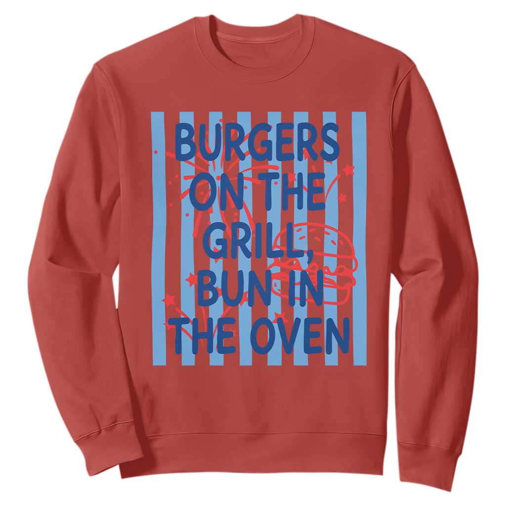 Patriotic 4th of July Pregnancy Announcement Preppy Style Sweatshirt Burgers On The Grill Bun In The Oven Summer BBQ