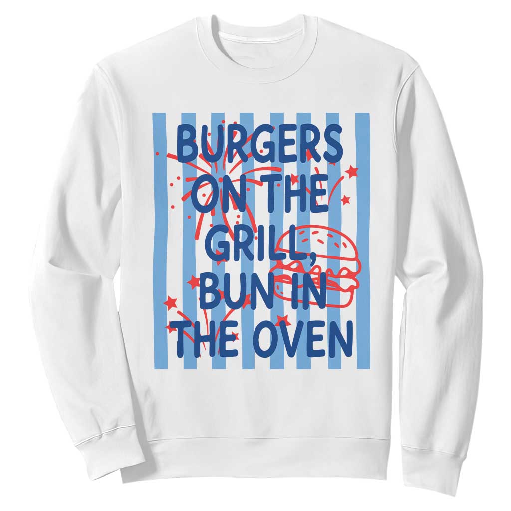 Patriotic 4th of July Pregnancy Announcement Preppy Style Sweatshirt Burgers On The Grill Bun In The Oven Summer BBQ
