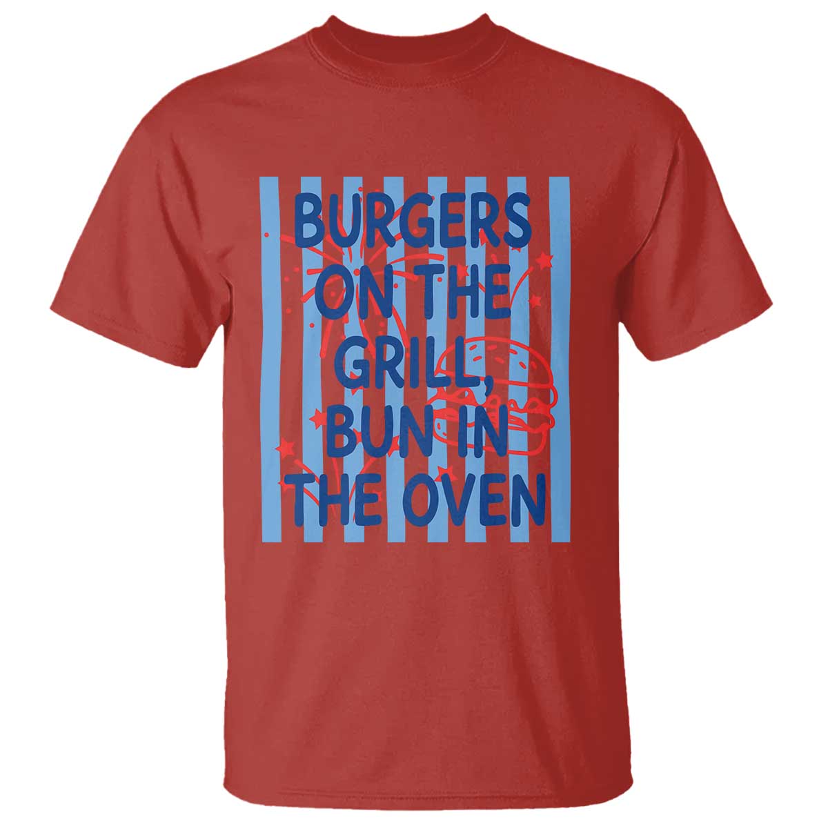Patriotic 4th of July Pregnancy Announcement Preppy Style T Shirt Burgers On The Grill Bun In The Oven Summer BBQ