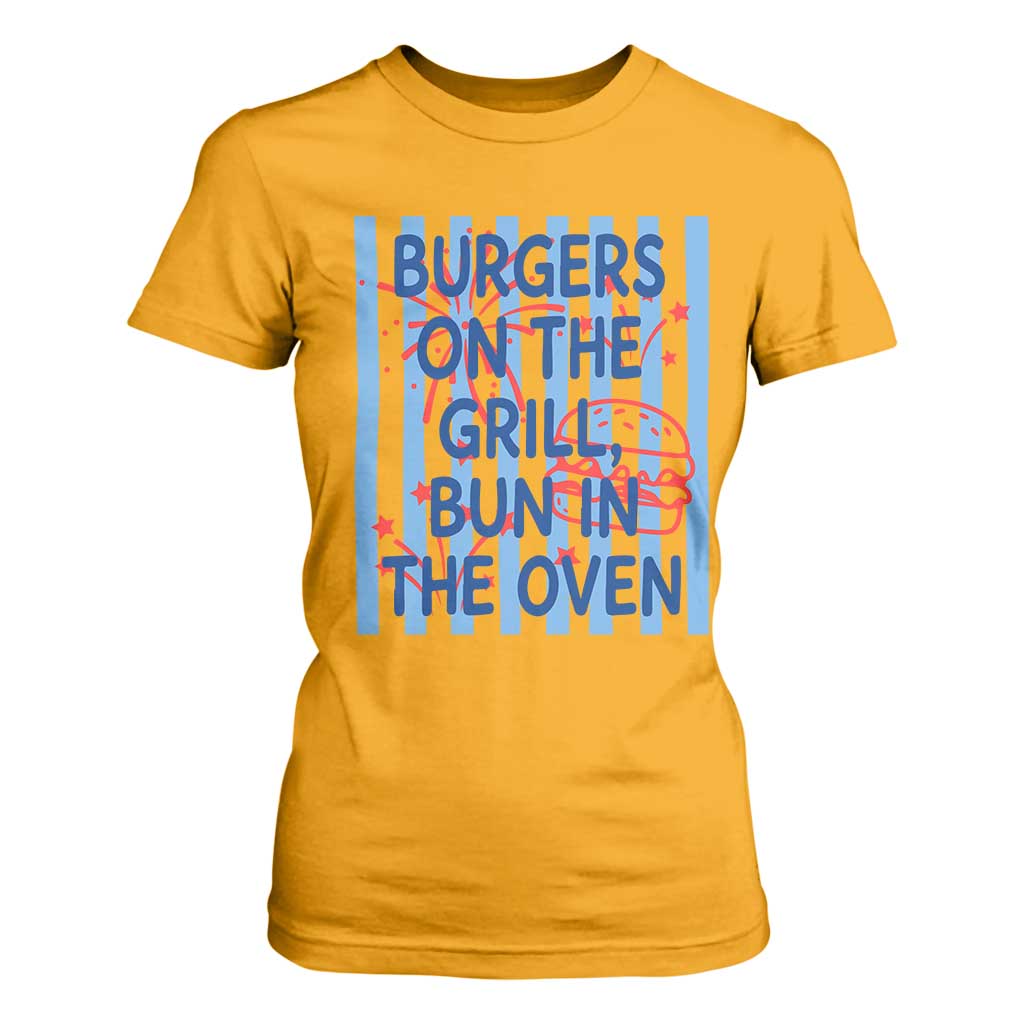 Patriotic 4th of July Pregnancy Announcement Preppy Style T Shirt For Women Burgers On The Grill Bun In The Oven Summer BBQ