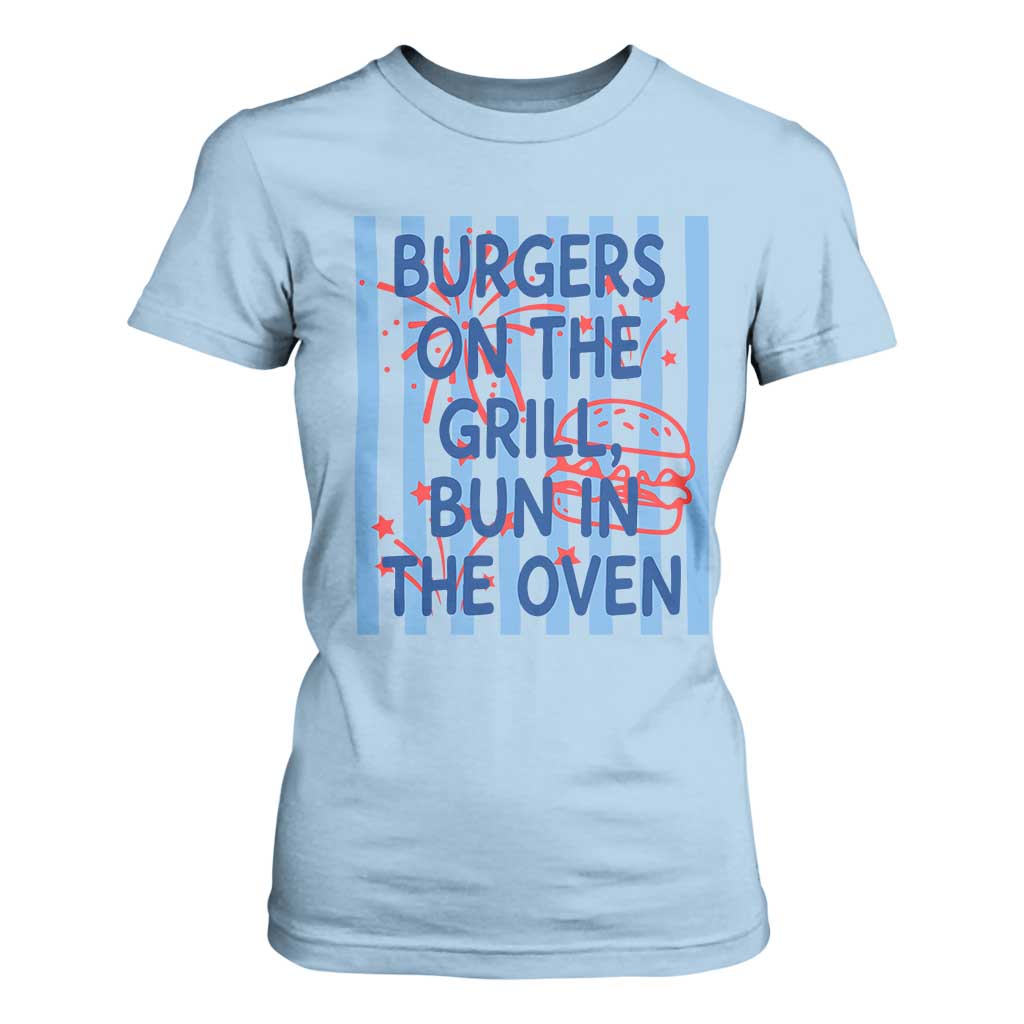 Patriotic 4th of July Pregnancy Announcement Preppy Style T Shirt For Women Burgers On The Grill Bun In The Oven Summer BBQ