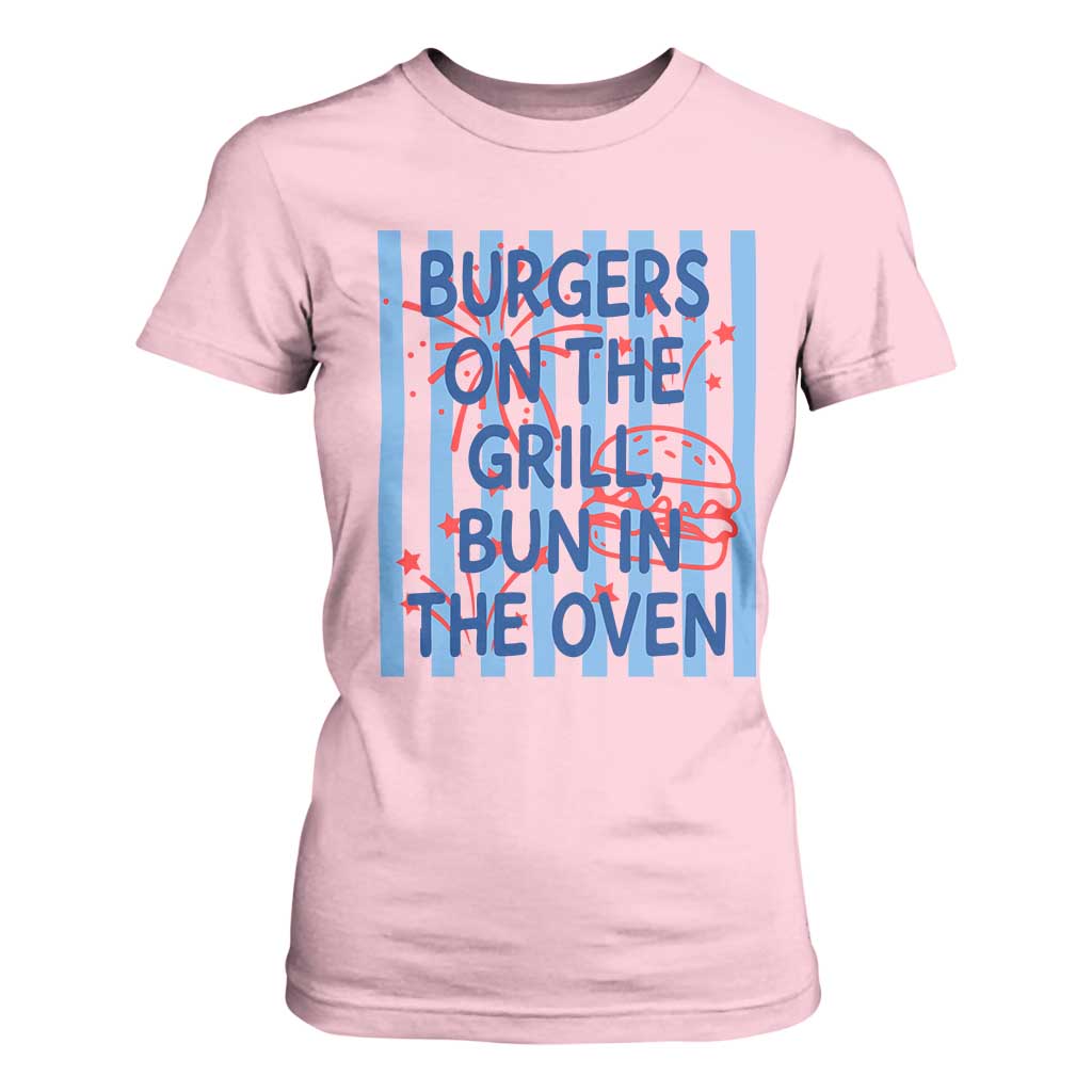Patriotic 4th of July Pregnancy Announcement Preppy Style T Shirt For Women Burgers On The Grill Bun In The Oven Summer BBQ