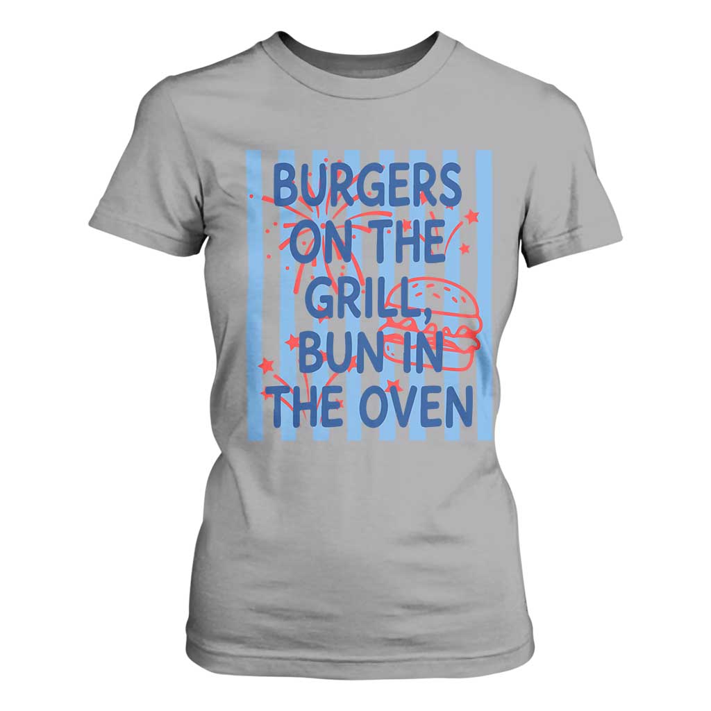 Patriotic 4th of July Pregnancy Announcement Preppy Style T Shirt For Women Burgers On The Grill Bun In The Oven Summer BBQ