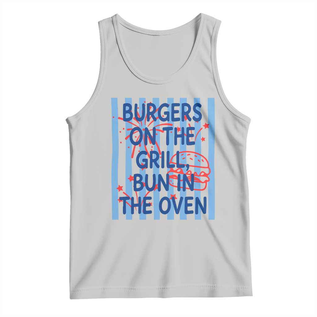 Patriotic 4th of July Pregnancy Announcement Preppy Style Tank Top Burgers On The Grill Bun In The Oven Summer BBQ