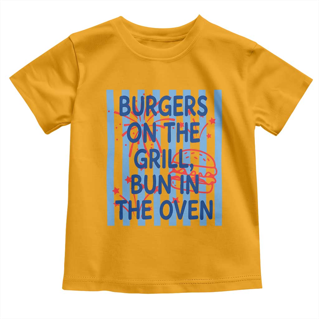 Patriotic 4th of July Pregnancy Announcement Preppy Style Toddler T Shirt Burgers On The Grill Bun In The Oven Summer BBQ