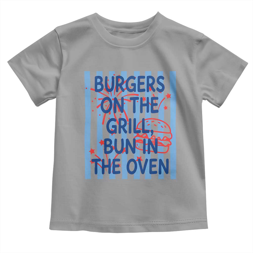 Patriotic 4th of July Pregnancy Announcement Preppy Style Toddler T Shirt Burgers On The Grill Bun In The Oven Summer BBQ