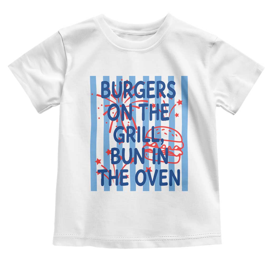 Patriotic 4th of July Pregnancy Announcement Preppy Style Toddler T Shirt Burgers On The Grill Bun In The Oven Summer BBQ