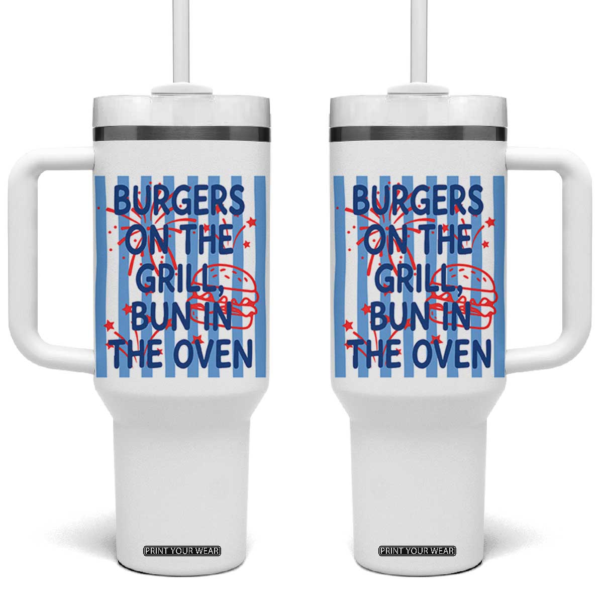 Patriotic 4th of July Pregnancy Announcement Preppy Style Tumbler With Handle Burgers On The Grill Bun In The Oven Summer BBQ