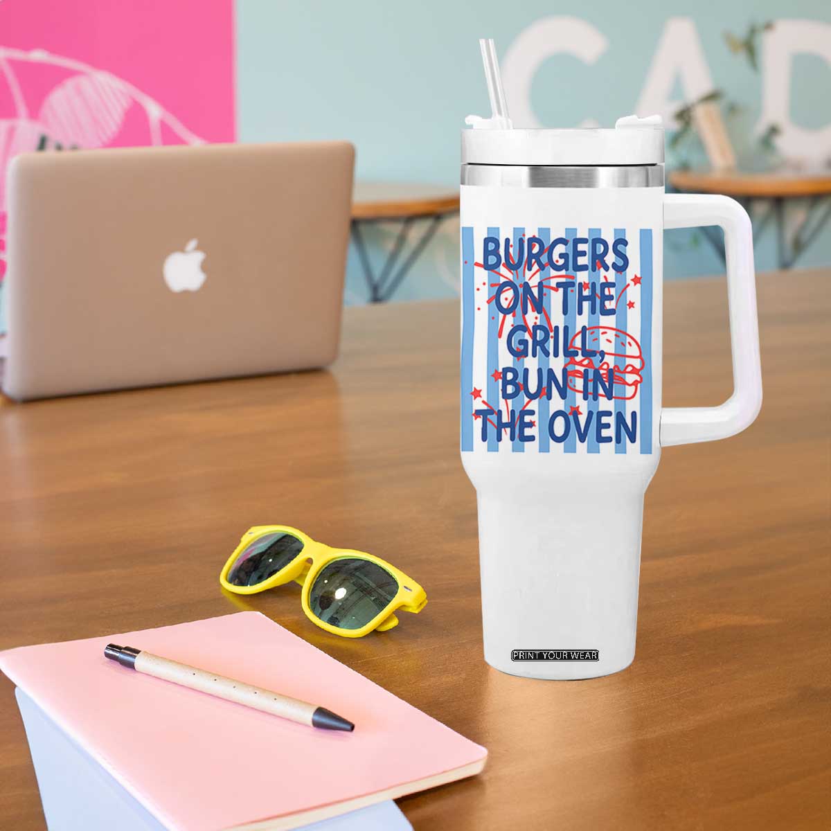 Patriotic 4th of July Pregnancy Announcement Preppy Style Tumbler With Handle Burgers On The Grill Bun In The Oven Summer BBQ