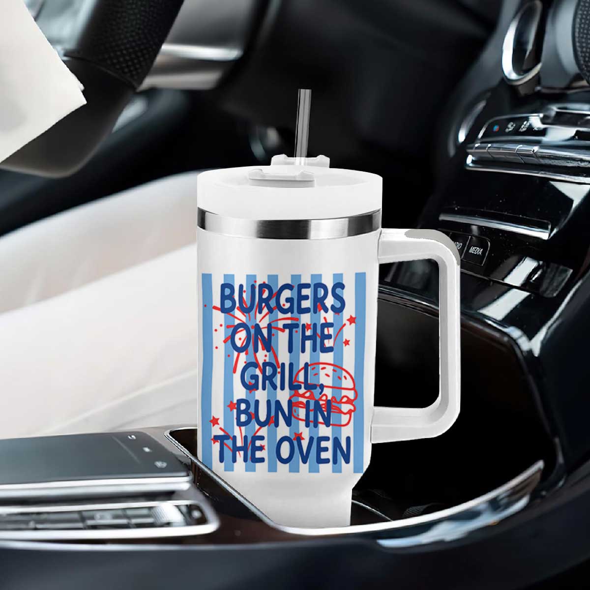 Patriotic 4th of July Pregnancy Announcement Preppy Style Tumbler With Handle Burgers On The Grill Bun In The Oven Summer BBQ