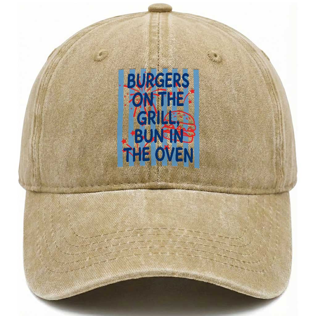 Patriotic 4th of July Pregnancy Announcement Preppy Style Washed Cotton Baseball Cap Burgers On The Grill Bun In The Oven Summer BBQ TS02 Print Your Wear