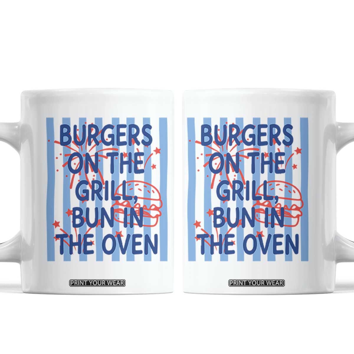 Patriotic 4th of July Pregnancy Announcement Preppy Style Coffee Mug Burgers On The Grill Bun In The Oven Summer BBQ