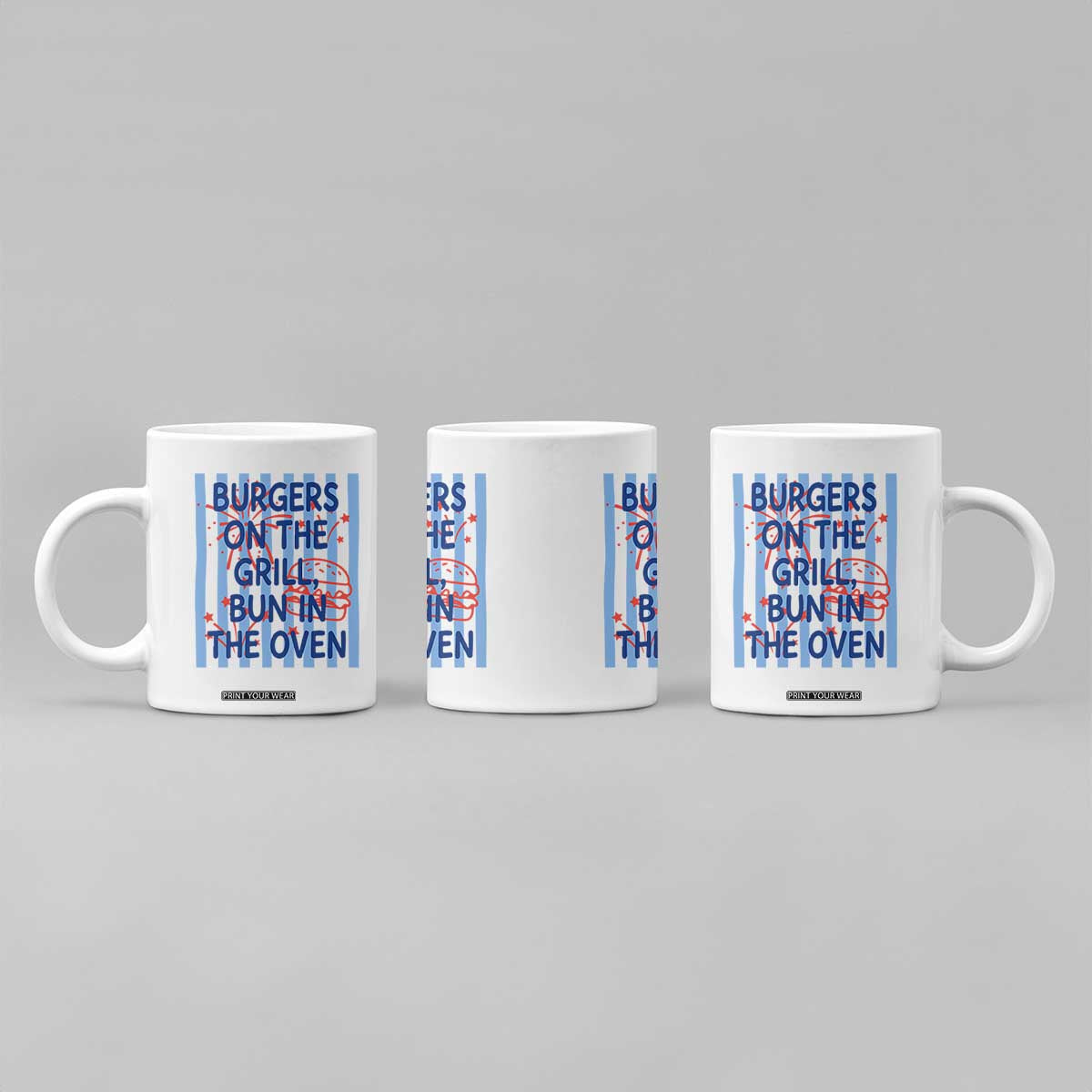 Patriotic 4th of July Pregnancy Announcement Preppy Style Coffee Mug Burgers On The Grill Bun In The Oven Summer BBQ