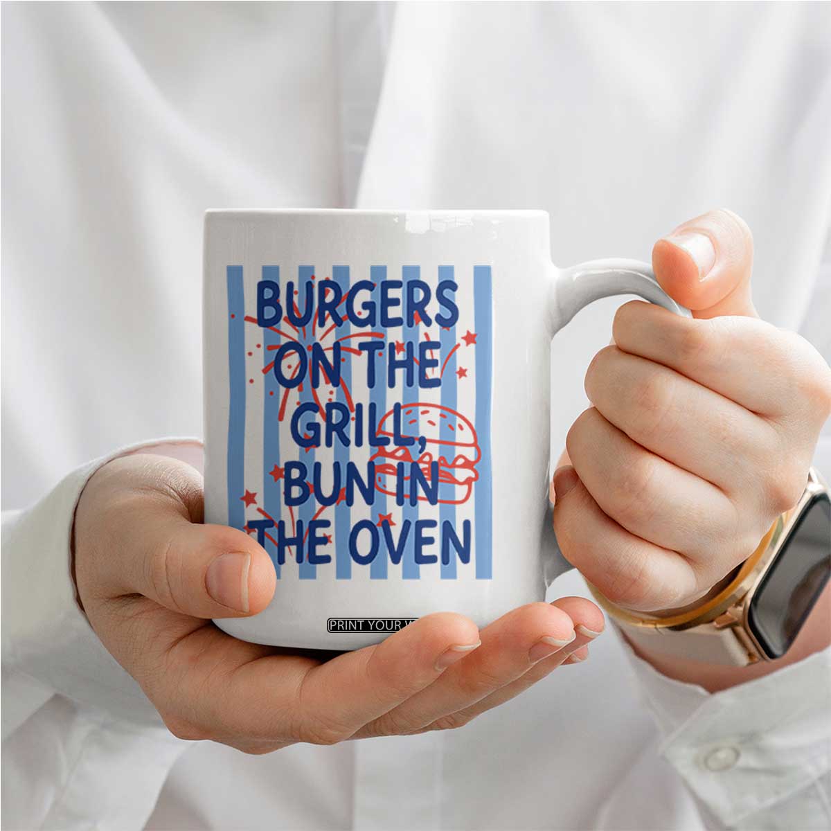 Patriotic 4th of July Pregnancy Announcement Preppy Style Coffee Mug Burgers On The Grill Bun In The Oven Summer BBQ