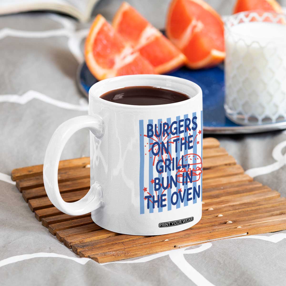 Patriotic 4th of July Pregnancy Announcement Preppy Style Coffee Mug Burgers On The Grill Bun In The Oven Summer BBQ