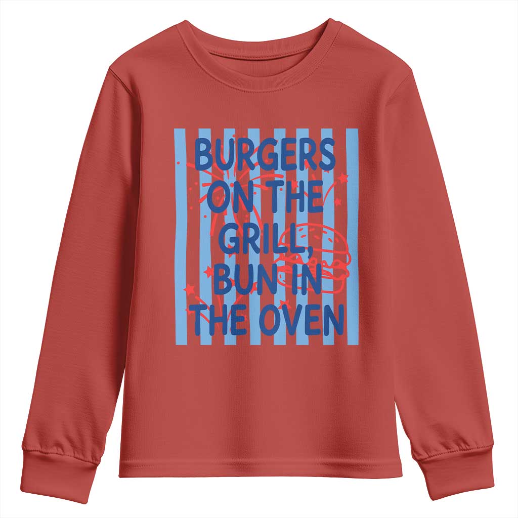 Patriotic 4th of July Pregnancy Announcement Preppy Style Youth Sweatshirt Burgers On The Grill Bun In The Oven Summer BBQ
