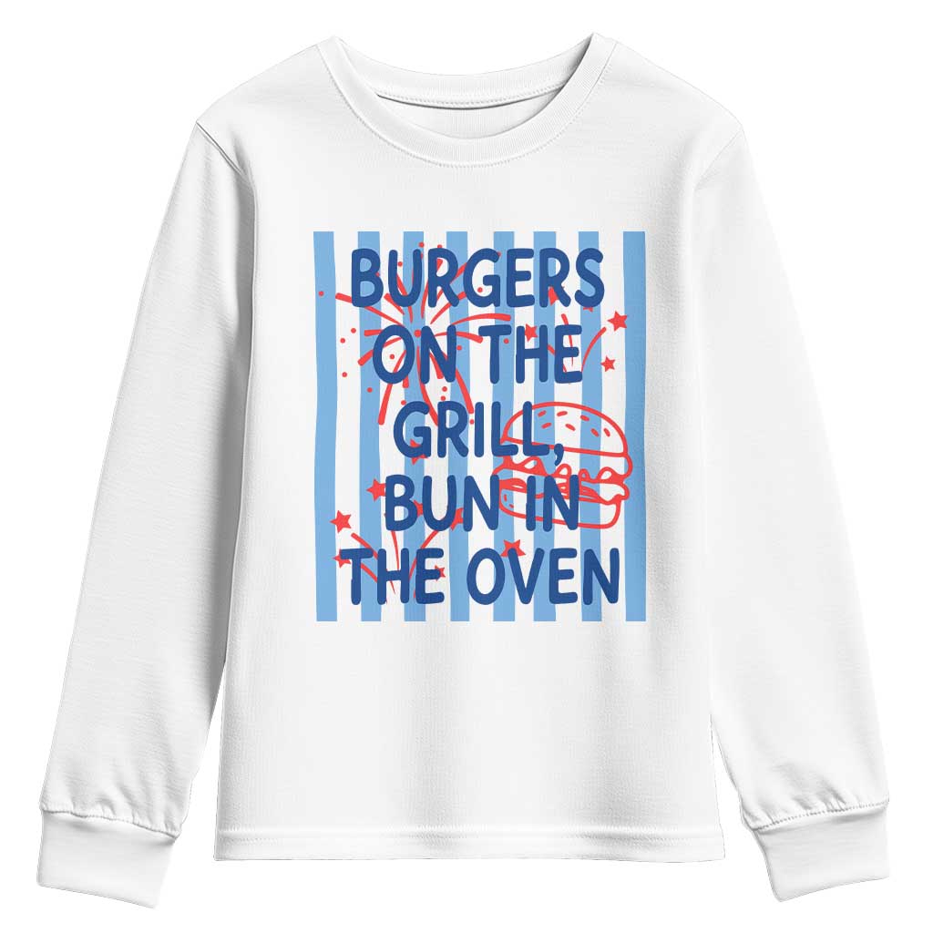 Patriotic 4th of July Pregnancy Announcement Preppy Style Youth Sweatshirt Burgers On The Grill Bun In The Oven Summer BBQ TS02 White Print Your Wear