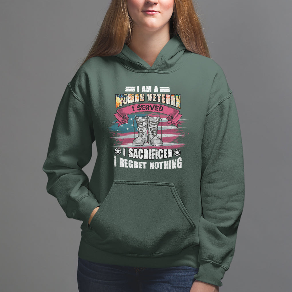 Female Veteran Hoodie I Am A Woman Veteran I Served I Sacrificed I Regret Nothing American Flag Combat Boots TS02 Dark Forest Green Printyourwear