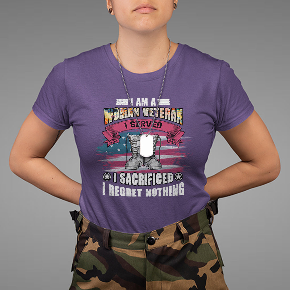 Female Veteran T Shirt I Am A Woman Veteran I Served I Sacrificed I Regret Nothing American Flag Combat Boots TS02 Purple Printyourwear