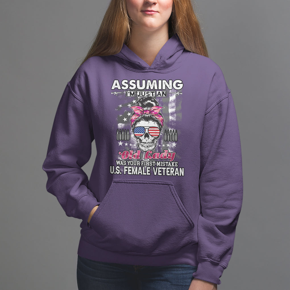 Female Veteran Hoodie Assuming I'm Just An Old Lady Was Your First Mistake American Messy Bun TS02 Purple Printyourwear