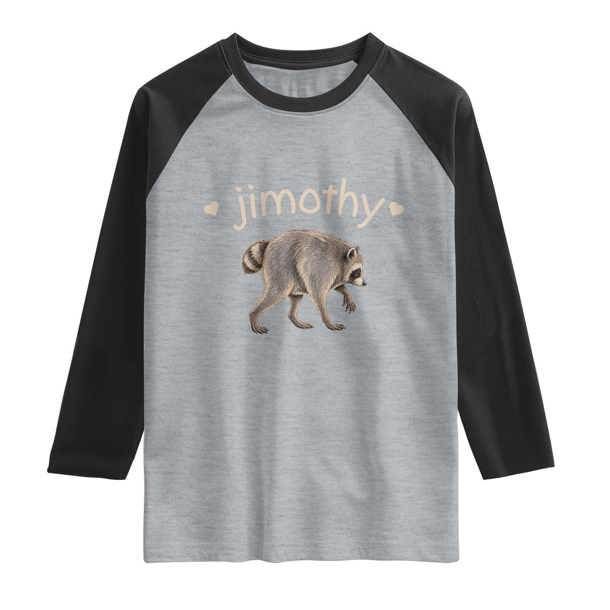 Cute Jimothy the Raccoon Heart Graphic Raglan Shirt Viral Seattle Trash Panda Meme TS02 Heather Gray Black Print Your Wear