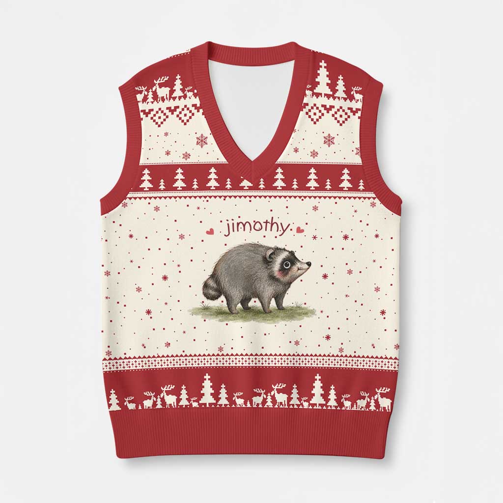 Cute Watercolor Viral Jimothy the Raccoon V-Neck Knit Sweater Vest Viral Seattle Trash Panda Meme TS02 Beige Red Print Your Wear