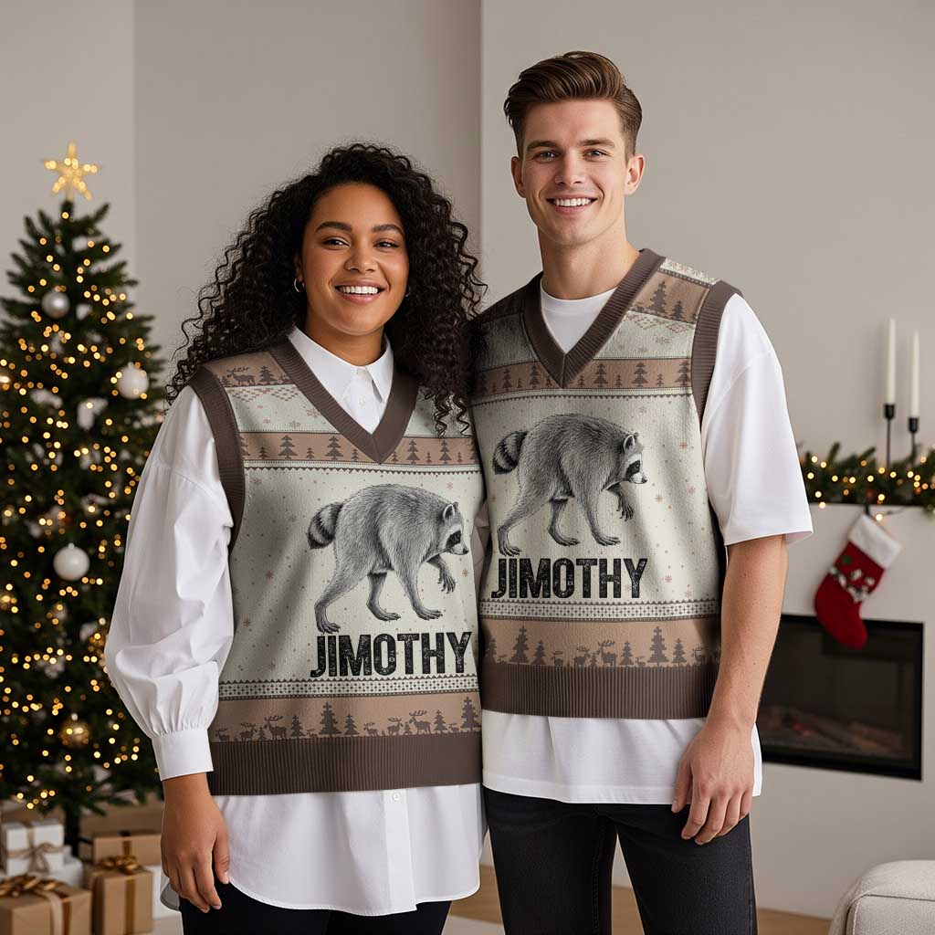 Viral Seattle Jimothy the Raccoon V-Neck Knit Sweater Vest Vintage Trash Panda Meme Graphic