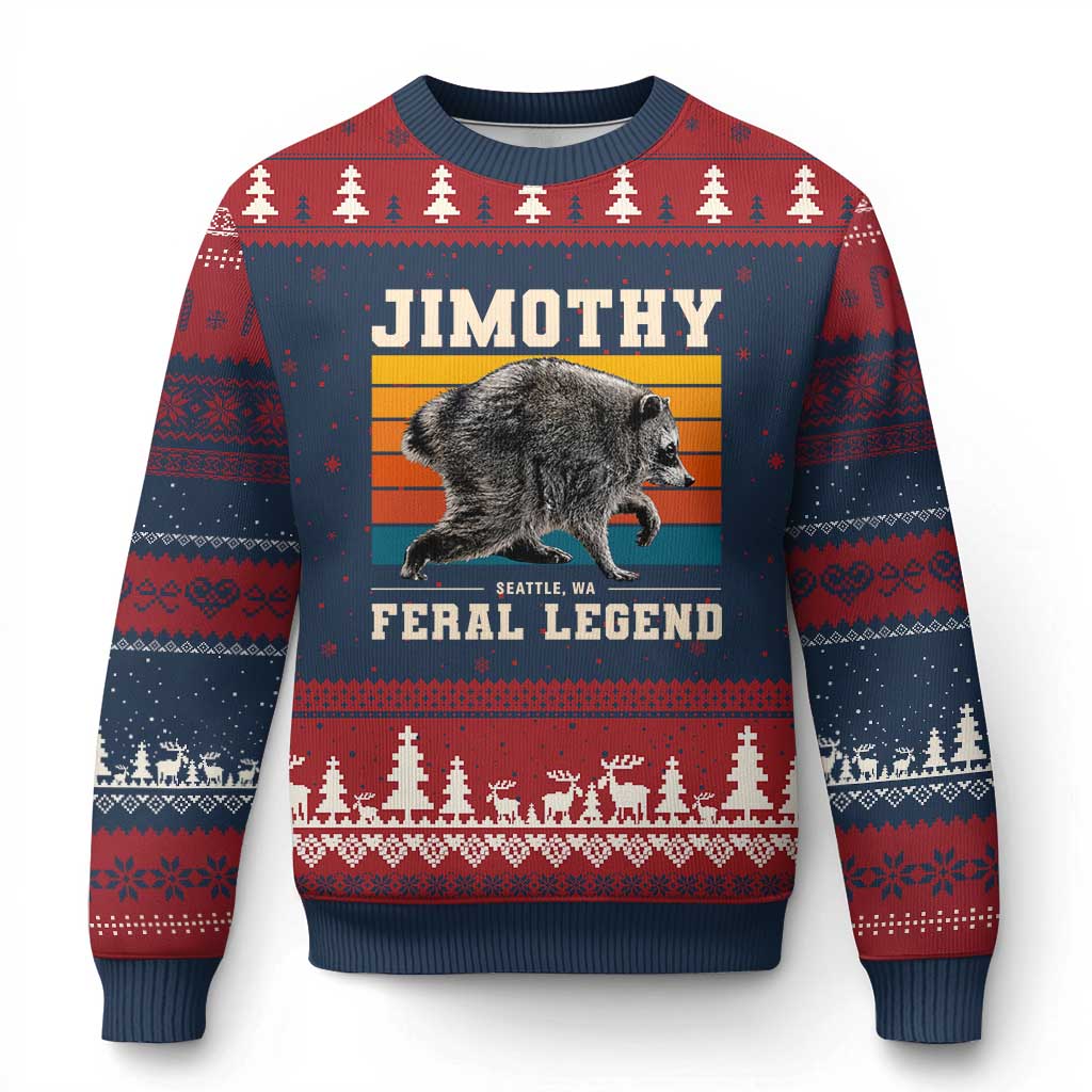 Jimothy from Seattle WA Feral Legend Raccoon Ugly Christmas Sweater Viral Trash Panda Retro Sunset Strip Graphic TS02 Navy Red Print Your Wear