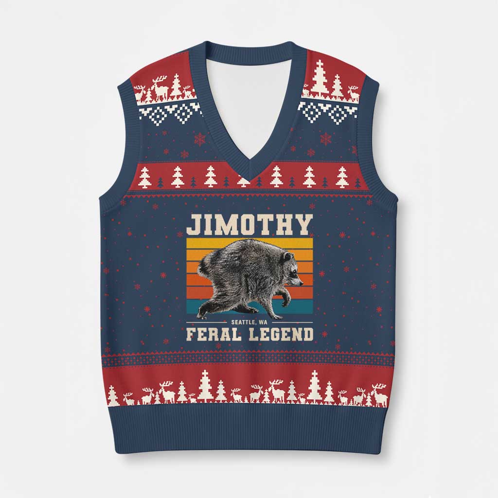 Jimothy from Seattle WA Feral Legend Raccoon V-Neck Knit Sweater Vest Viral Trash Panda Retro Sunset Strip Graphic TS02 Navy Red Print Your Wear