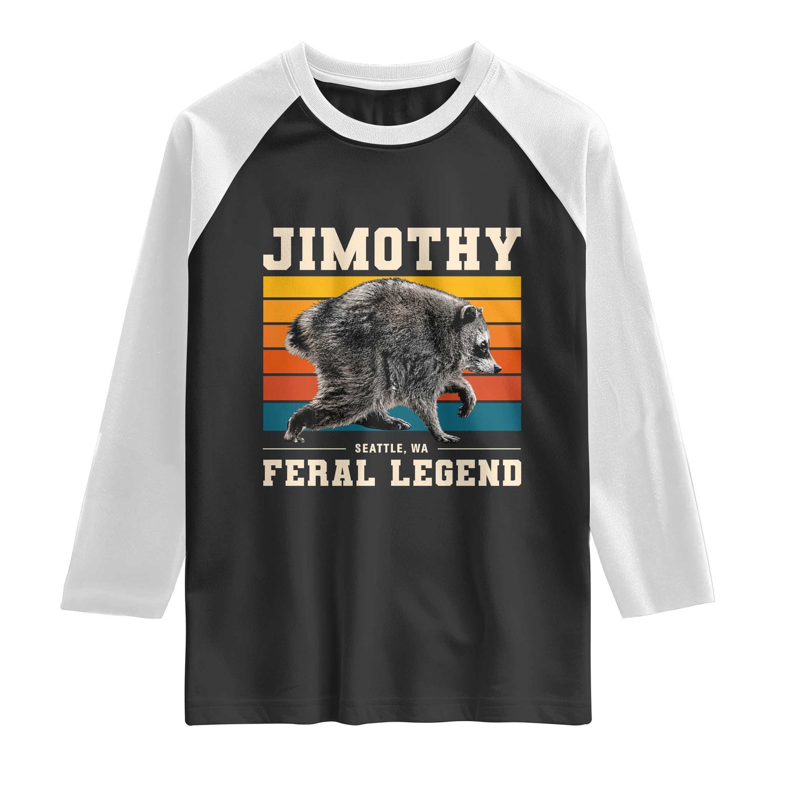 Jimothy from Seattle WA Feral Legend Raccoon Raglan Shirt Viral Trash Panda Retro Sunset Strip Graphic TS02 Black White Print Your Wear
