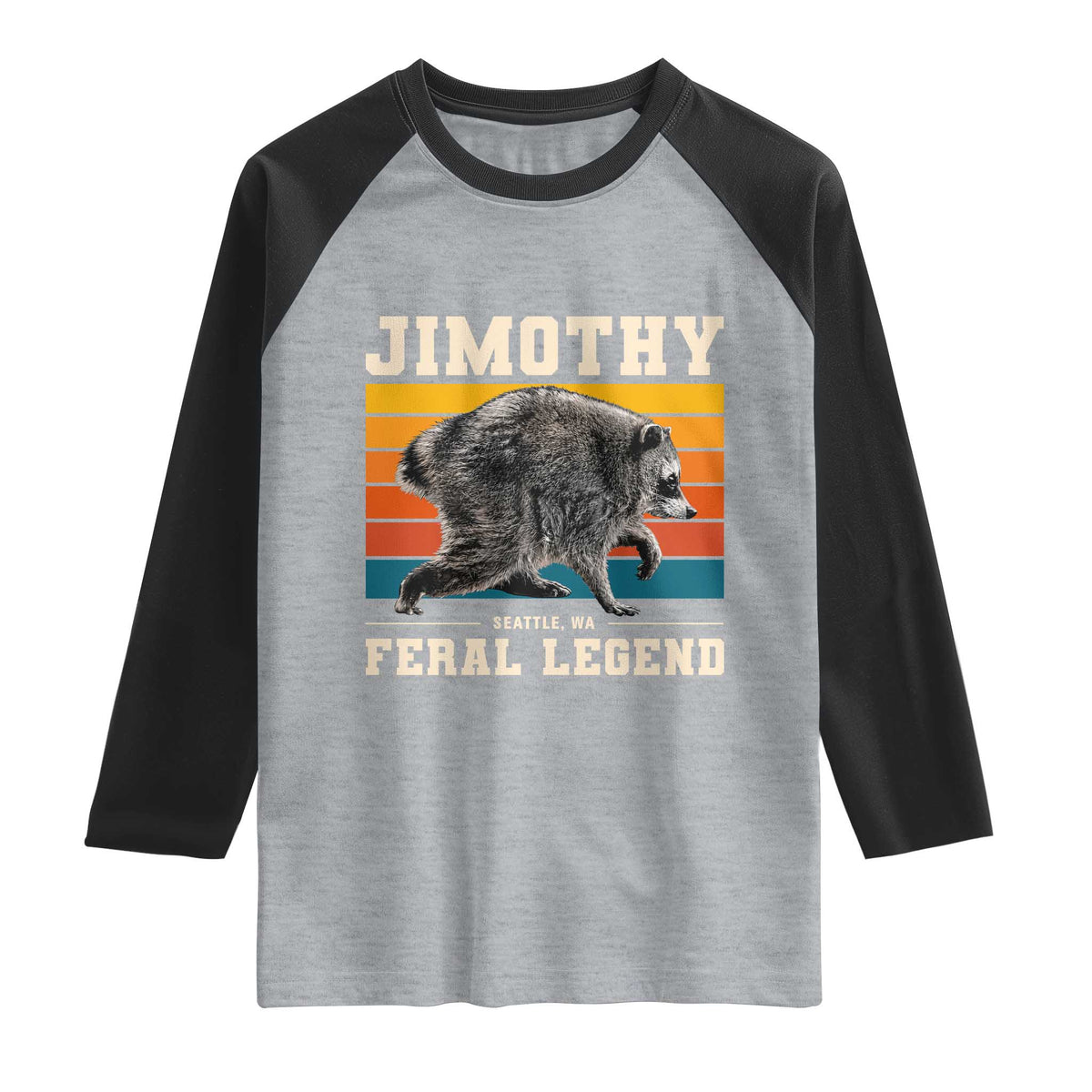 Jimothy from Seattle WA Feral Legend Raccoon Raglan Shirt Viral Trash Panda Retro Sunset Strip Graphic