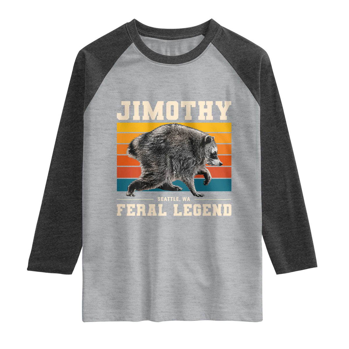 Jimothy from Seattle WA Feral Legend Raccoon Raglan Shirt Viral Trash Panda Retro Sunset Strip Graphic