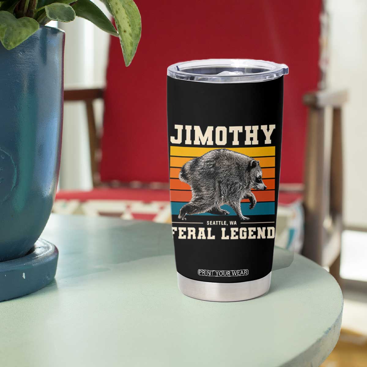 Jimothy from Seattle WA Feral Legend Raccoon Tumbler Cup Viral Trash Panda Retro Sunset Strip Graphic